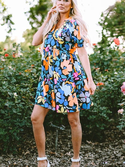Chic Blue Floral Boho Dress
