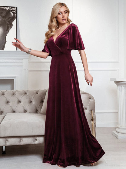 Chic Brick-Red Velvet Dress with Ruffles Sleeves for Elegant Women