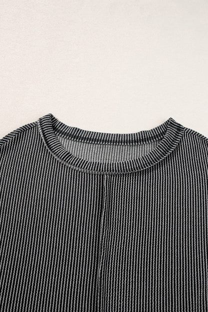 Chic Carbon Grey Ribbed Two-Piece Set with Exposed Seams