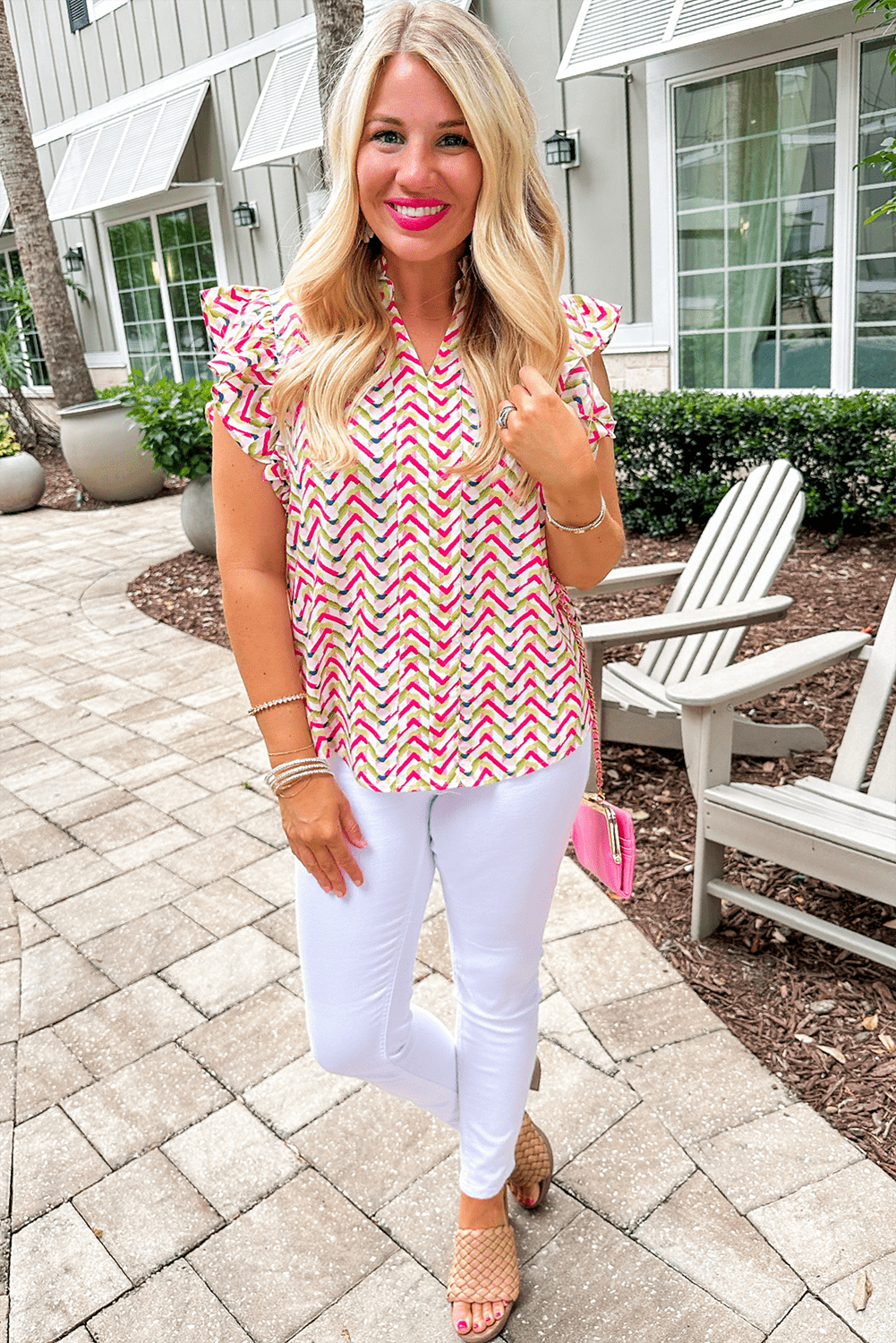 Chic Chevron Patterned Top with Ruffle Sleeves