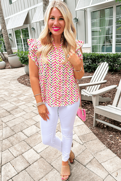 Chic Chevron Patterned Top with Ruffle Sleeves