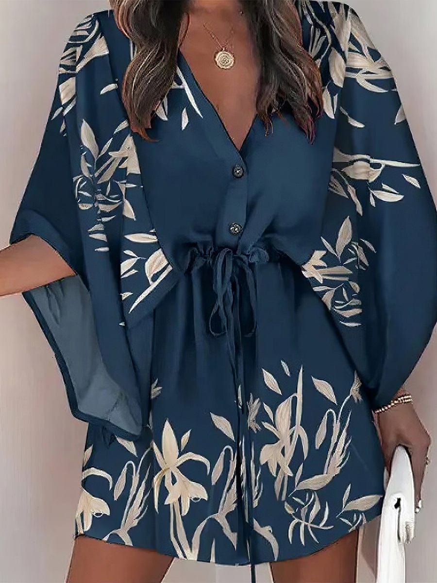 Chic Deep V Neck Printed Mini Dress with Button Detail