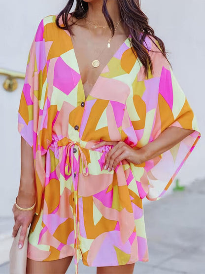 Chic Deep V Neck Printed Mini Dress with Button Detail