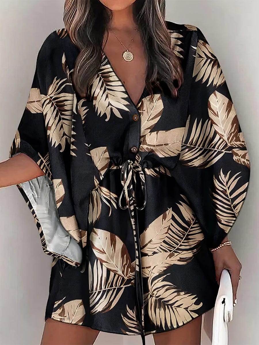 Chic Deep V Neck Printed Mini Dress with Button Detail