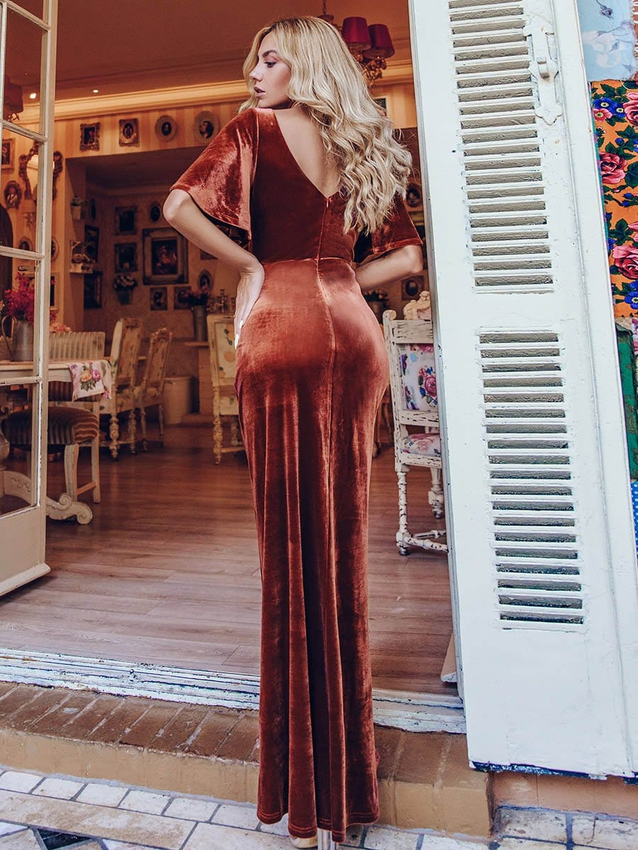 Chic Double V Neck Velvet Party Dress with Ruffled Sleeves