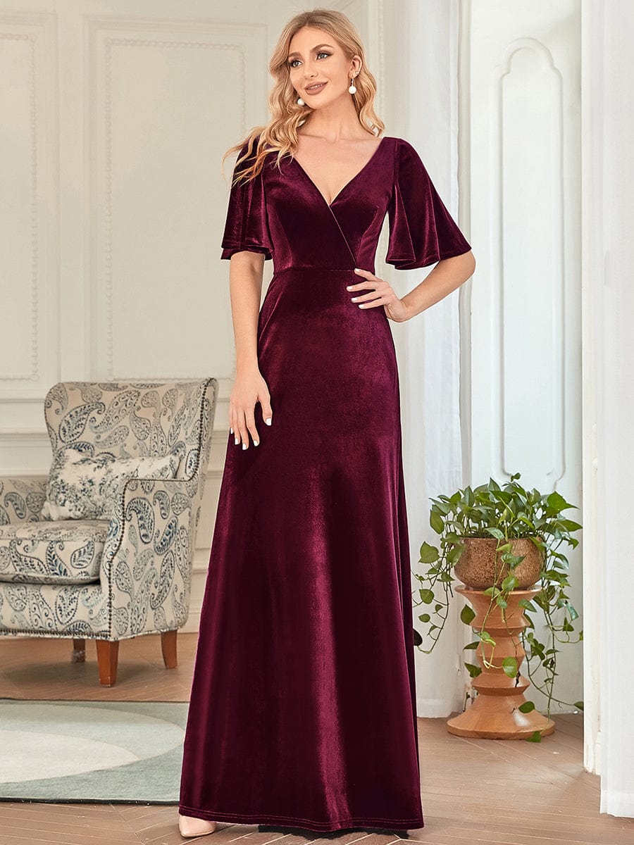 Chic Double V Neck Velvet Party Dress with Ruffled Sleeves