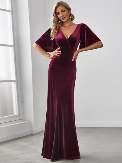 Chic Double V Neck Velvet Party Dress with Ruffled Sleeves