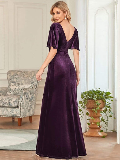 Chic Double V Neck Velvet Party Dress with Ruffled Sleeves