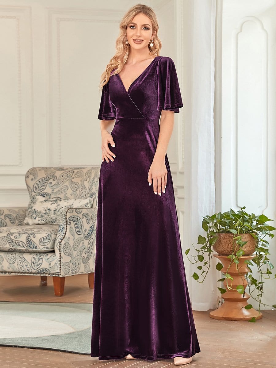 Chic Double V Neck Velvet Party Dress with Ruffled Sleeves