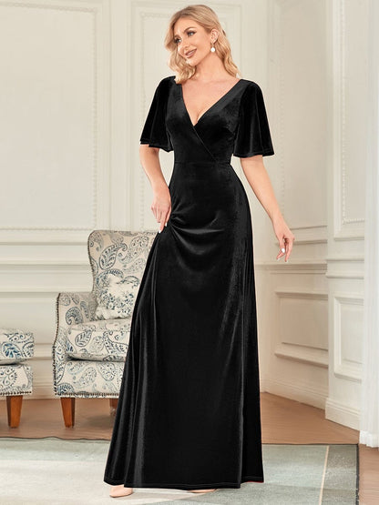 Chic Double V Neck Velvet Party Dress with Ruffled Sleeves