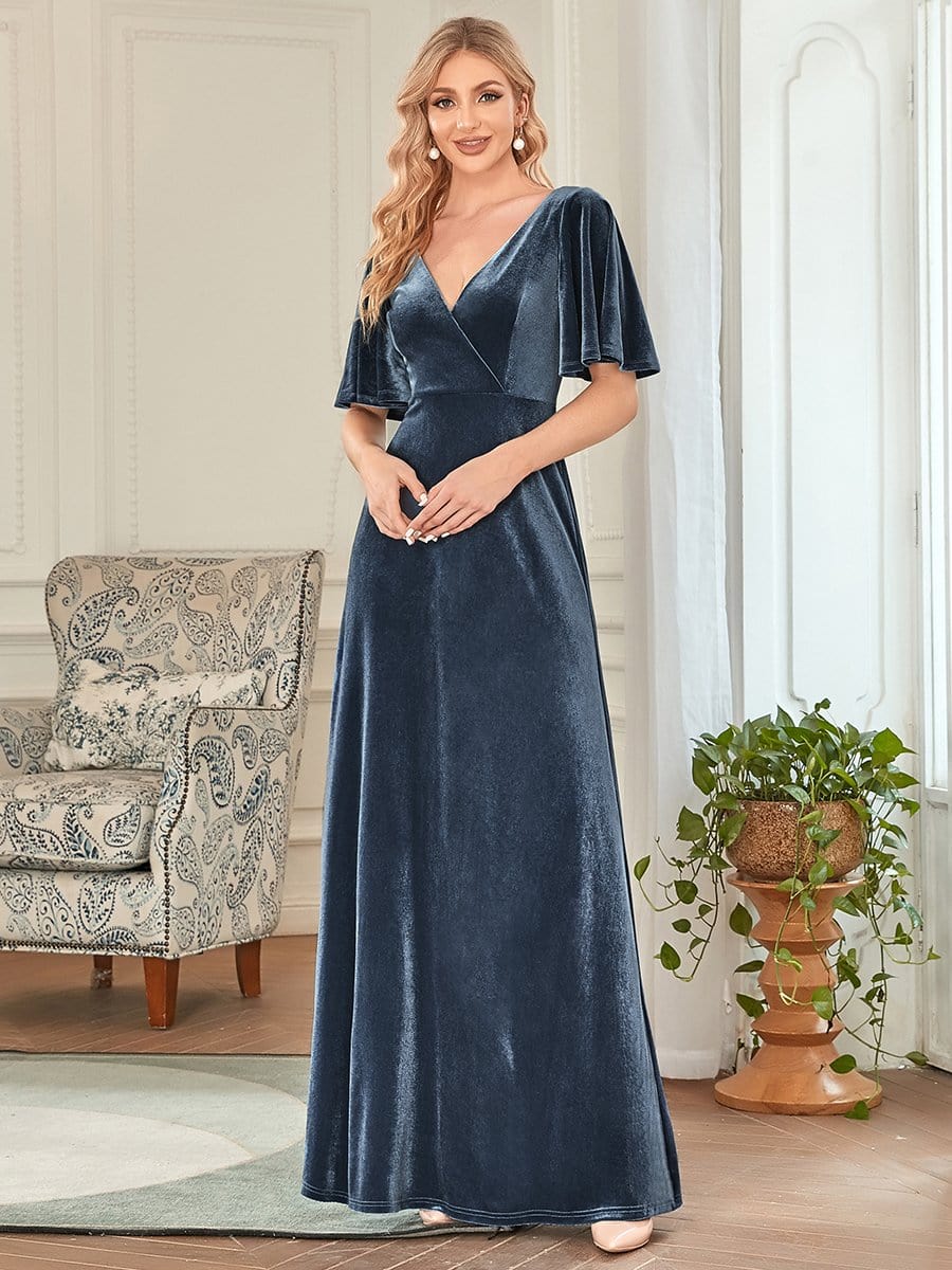 Chic Double V Neck Velvet Party Dress with Ruffled Sleeves