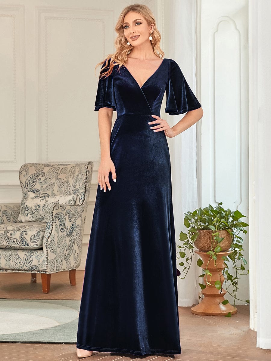 Chic Double V Neck Velvet Party Dress with Ruffled Sleeves