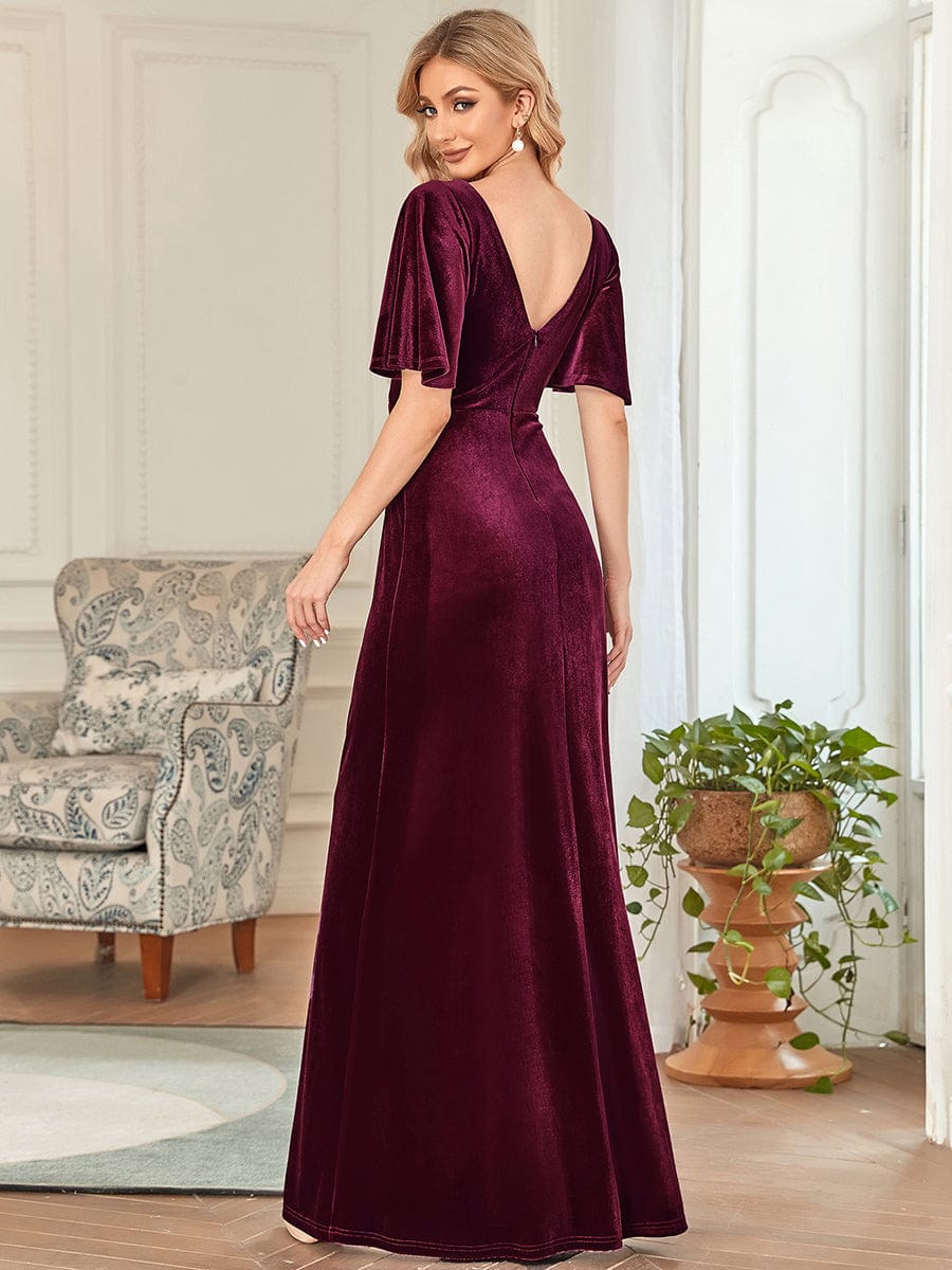 Chic Double V Neck Velvet Party Dress with Ruffled Sleeves