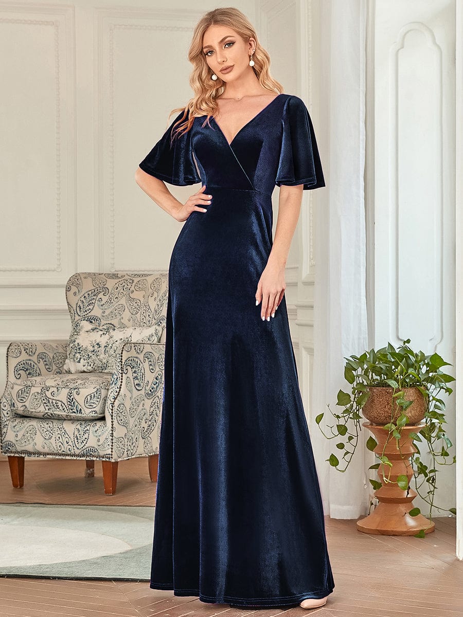 Chic Double V Neck Velvet Party Dress with Ruffled Sleeves