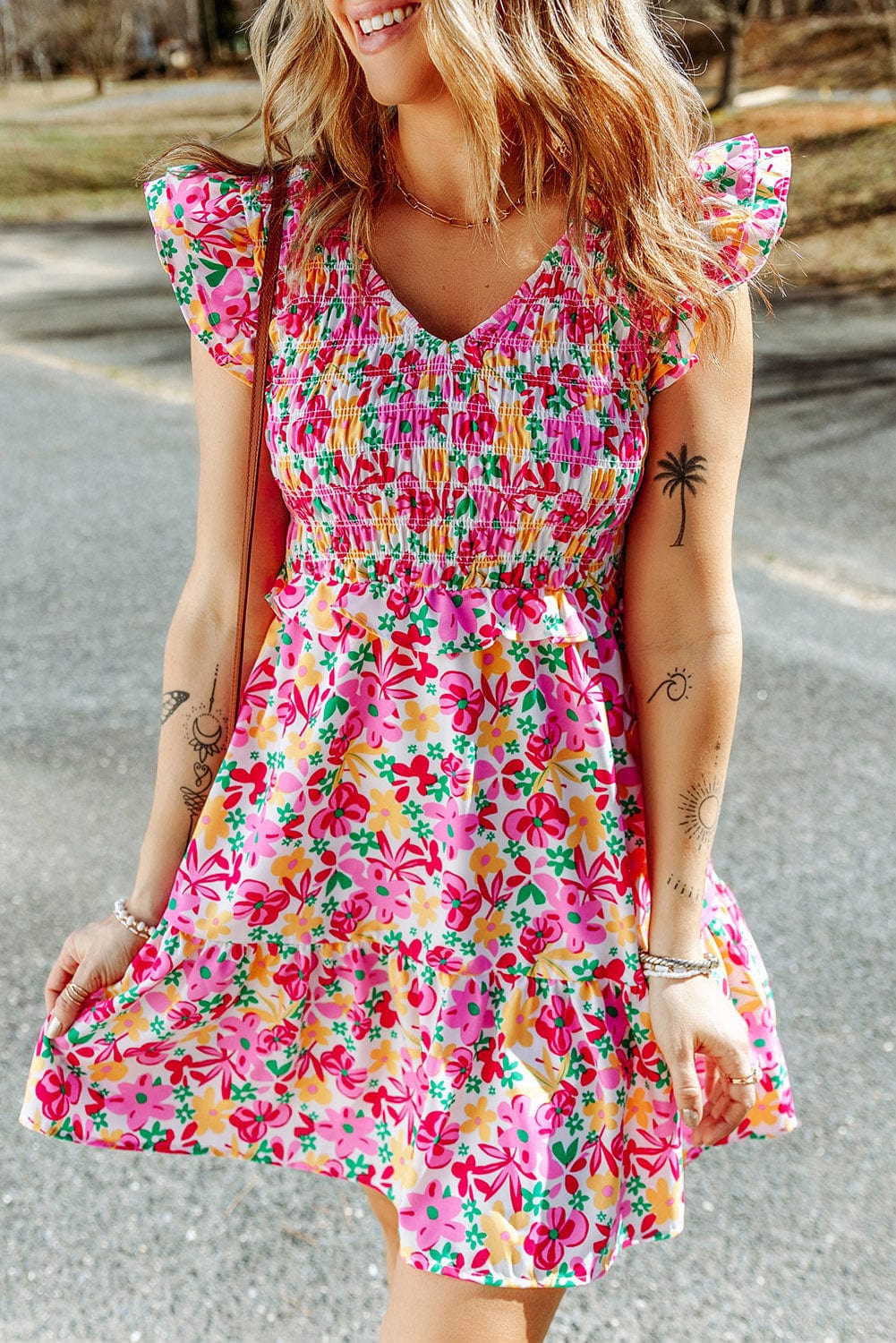 Chic Floral Mini Dress with Smocked Bodice and Ruffle Details