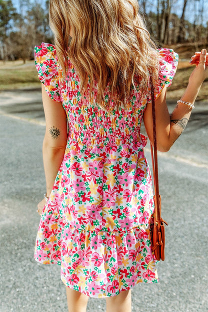 Chic Floral Mini Dress with Smocked Bodice and Ruffle Details