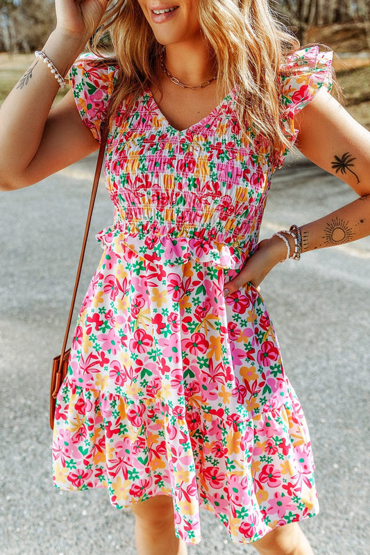 Chic Floral Mini Dress with Smocked Bodice and Ruffle Details