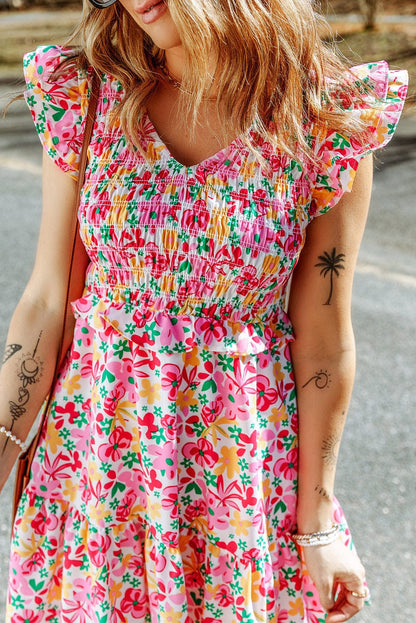 Chic Floral Mini Dress with Smocked Bodice and Ruffle Details