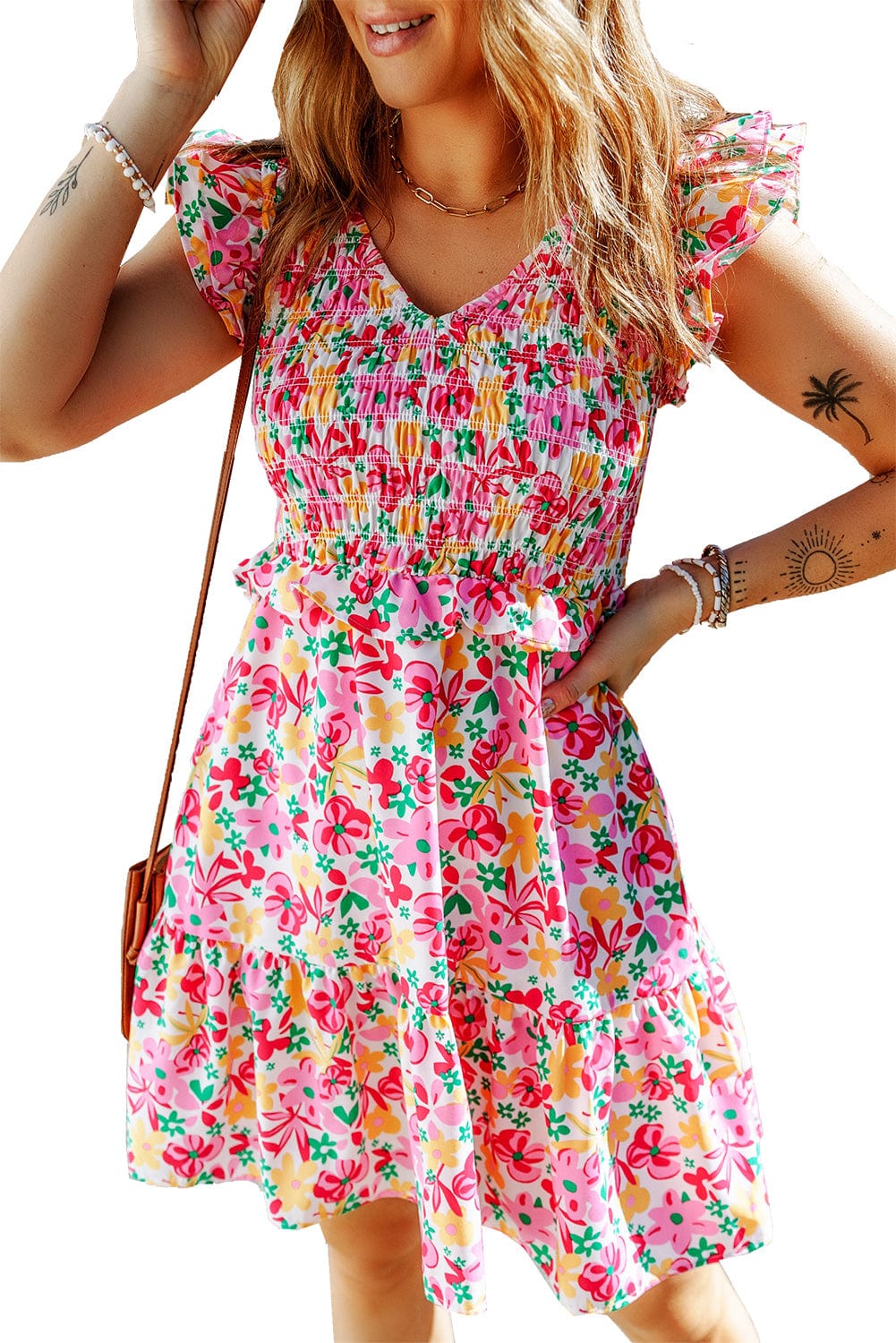 Chic Floral Mini Dress with Smocked Bodice and Ruffle Details