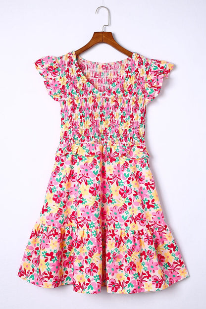 Chic Floral Mini Dress with Smocked Bodice and Ruffle Details