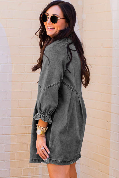 Chic Gray Denim Mini Dress with Button Detail