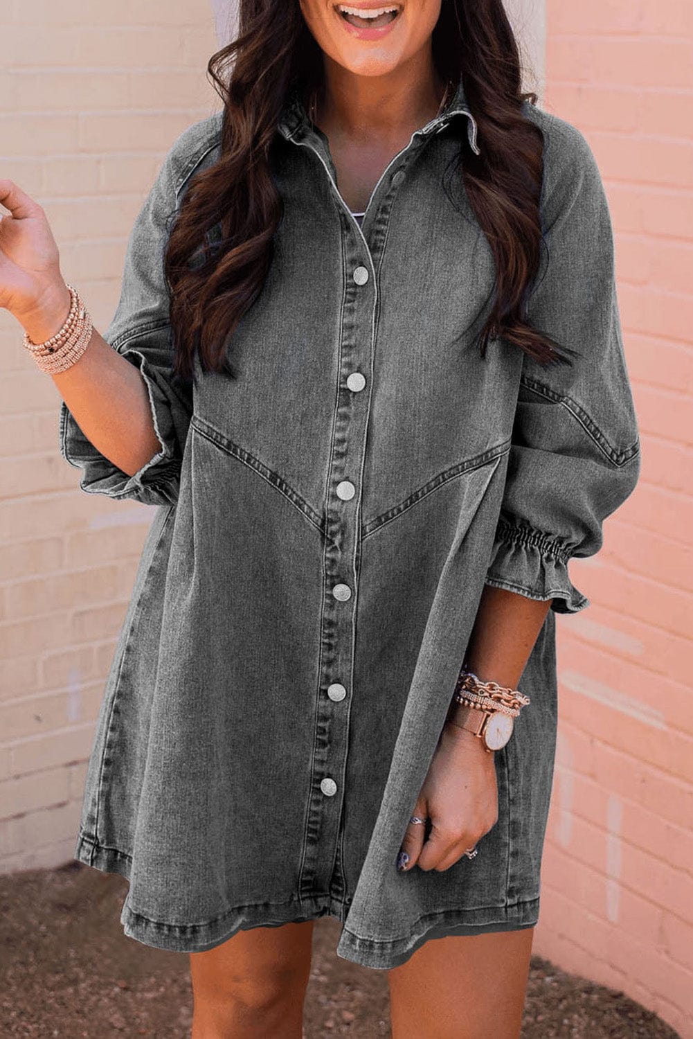 Chic Gray Denim Mini Dress with Button Detail