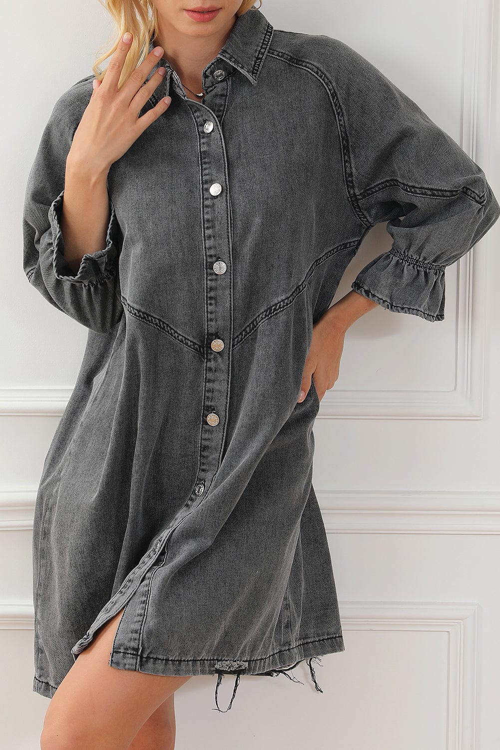 Chic Gray Denim Mini Dress with Button Detail
