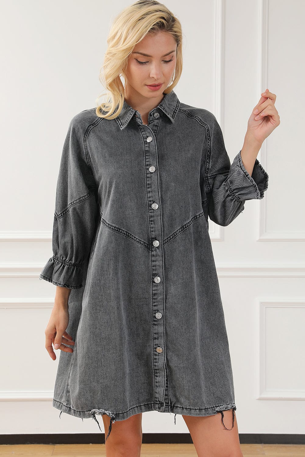 Chic Gray Denim Mini Dress with Button Detail