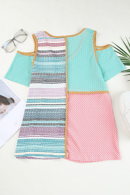 Chic Multicolor Cold Shoulder Knit Top with Striped Color Block