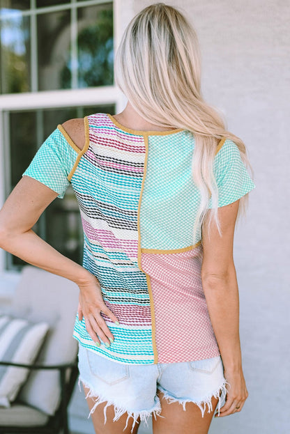 Chic Multicolor Cold Shoulder Knit Top with Striped Color Block