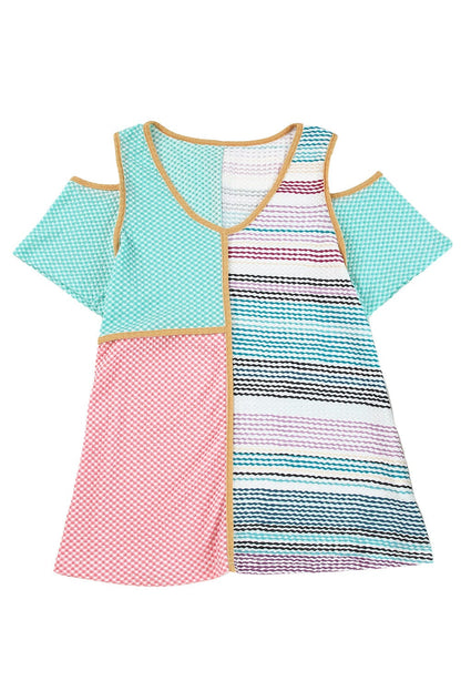 Chic Multicolor Cold Shoulder Knit Top with Striped Color Block