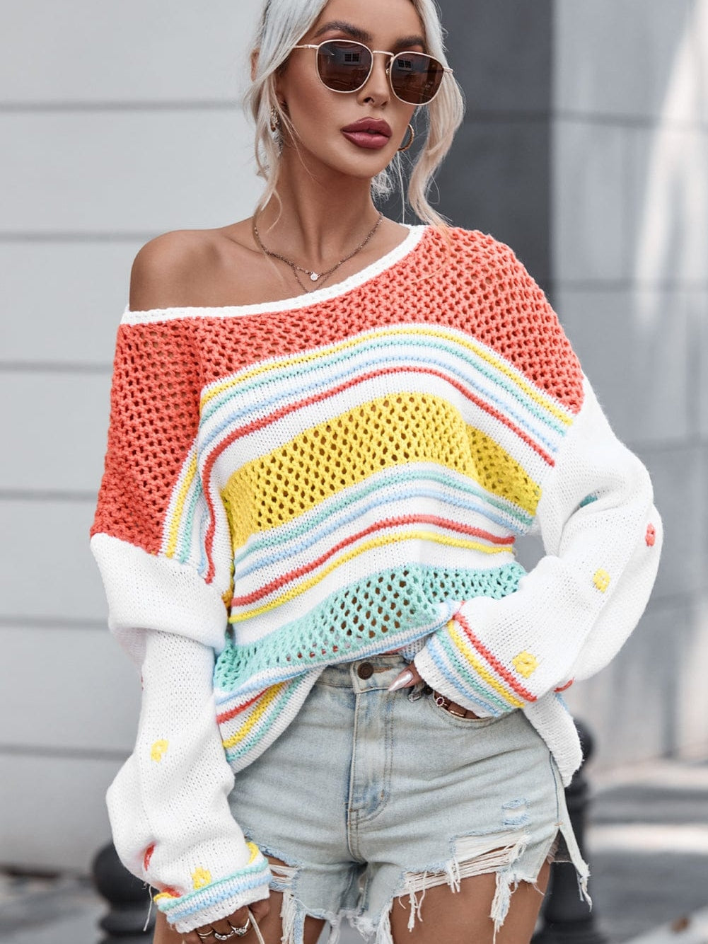 Chic Multicolored Striped Knit Sweater with Hollow Contrast Sleeves