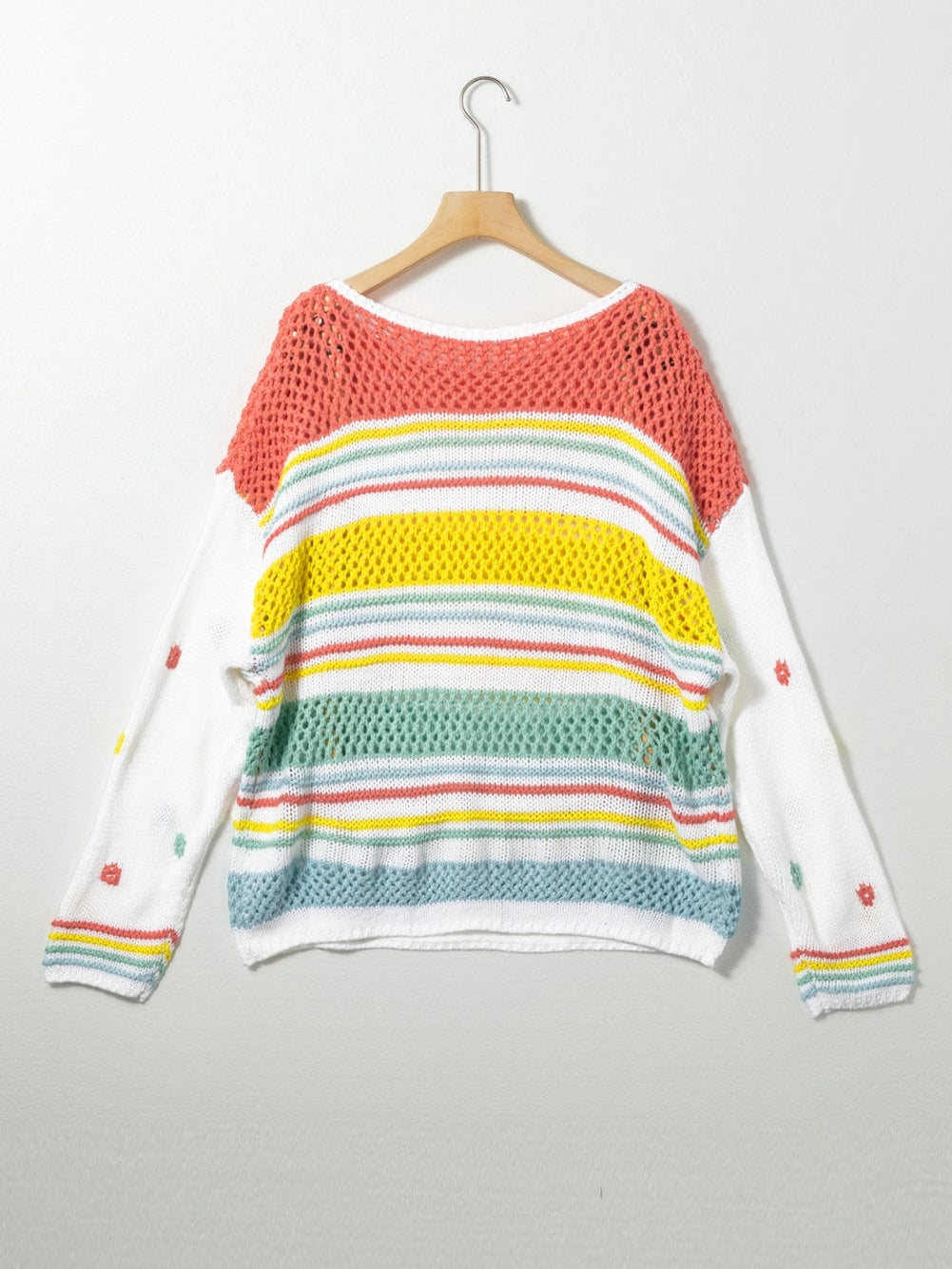 Chic Multicolored Striped Knit Sweater with Hollow Contrast Sleeves