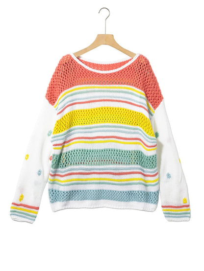Chic Multicolored Striped Knit Sweater with Hollow Contrast Sleeves