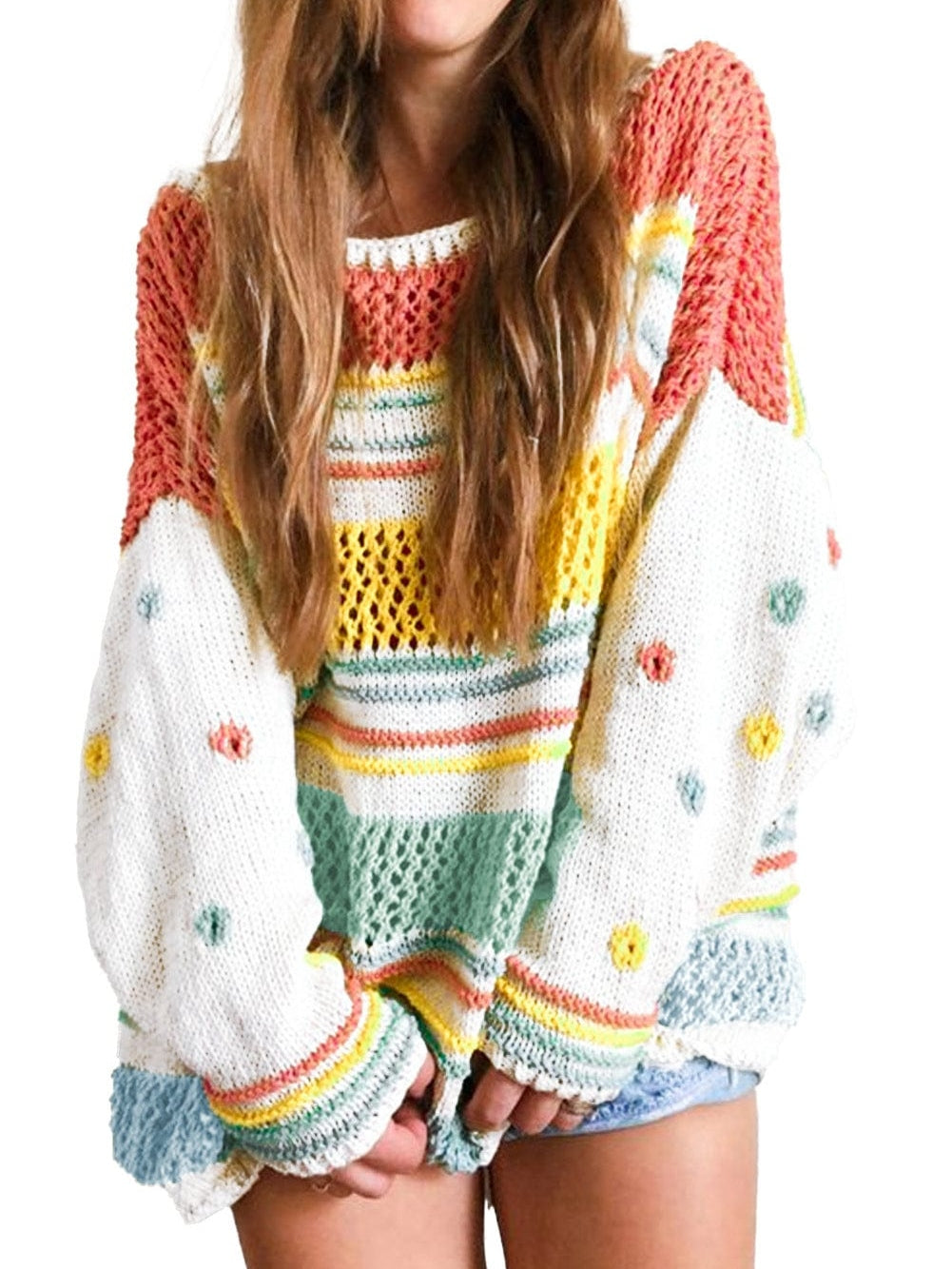 Chic Multicolored Striped Knit Sweater with Hollow Contrast Sleeves