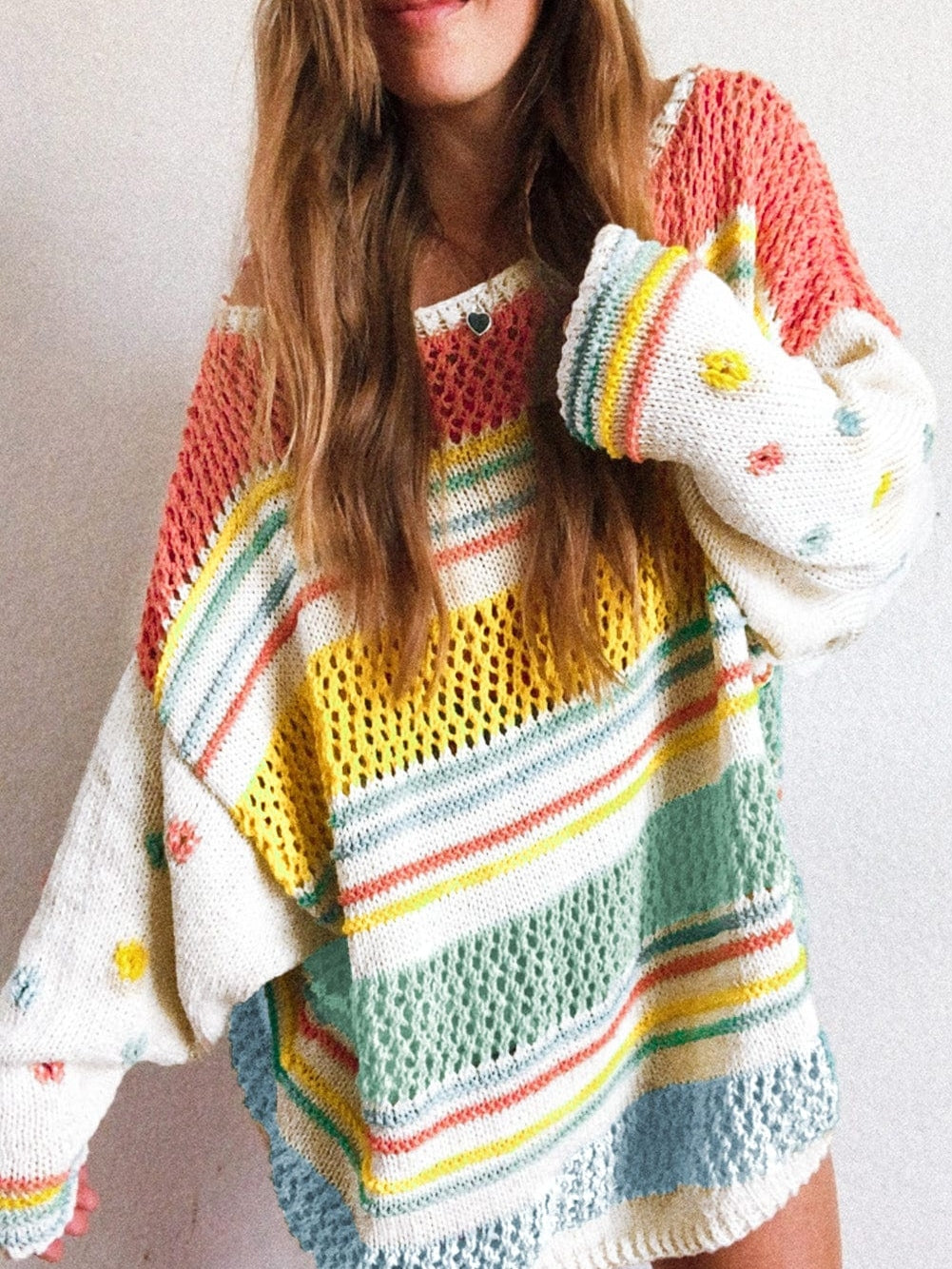 Chic Multicolored Striped Knit Sweater with Hollow Contrast Sleeves