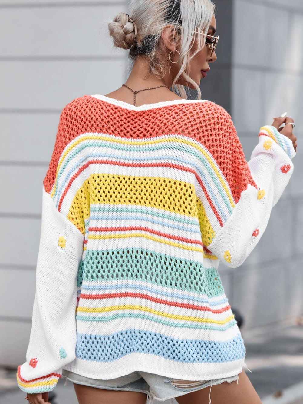 Chic Multicolored Striped Knit Sweater with Hollow Contrast Sleeves