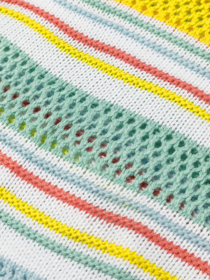 Chic Multicolored Striped Knit Sweater with Hollow Contrast Sleeves