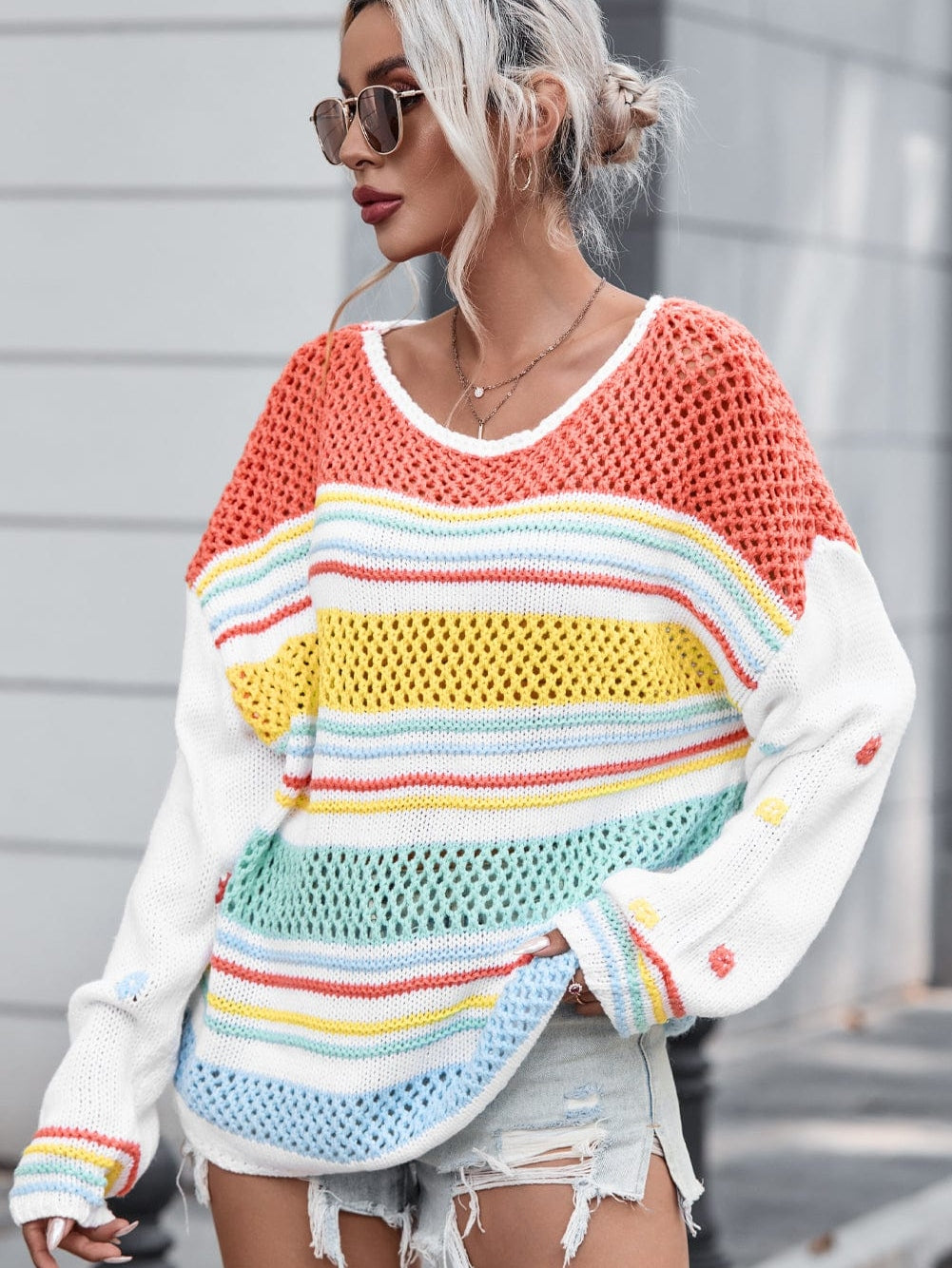 Chic Multicolored Striped Knit Sweater with Hollow Contrast Sleeves