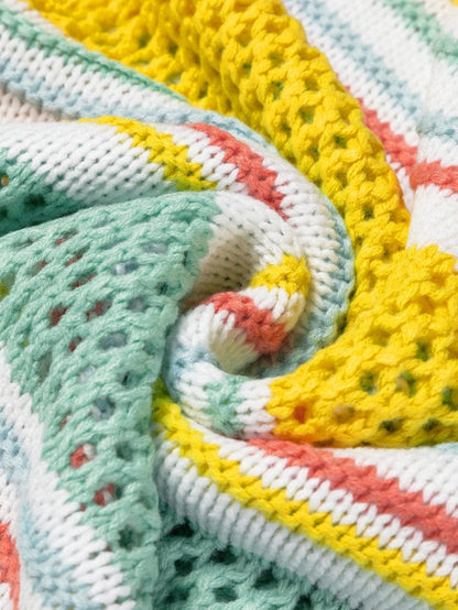 Chic Multicolored Striped Knit Sweater with Hollow Contrast Sleeves