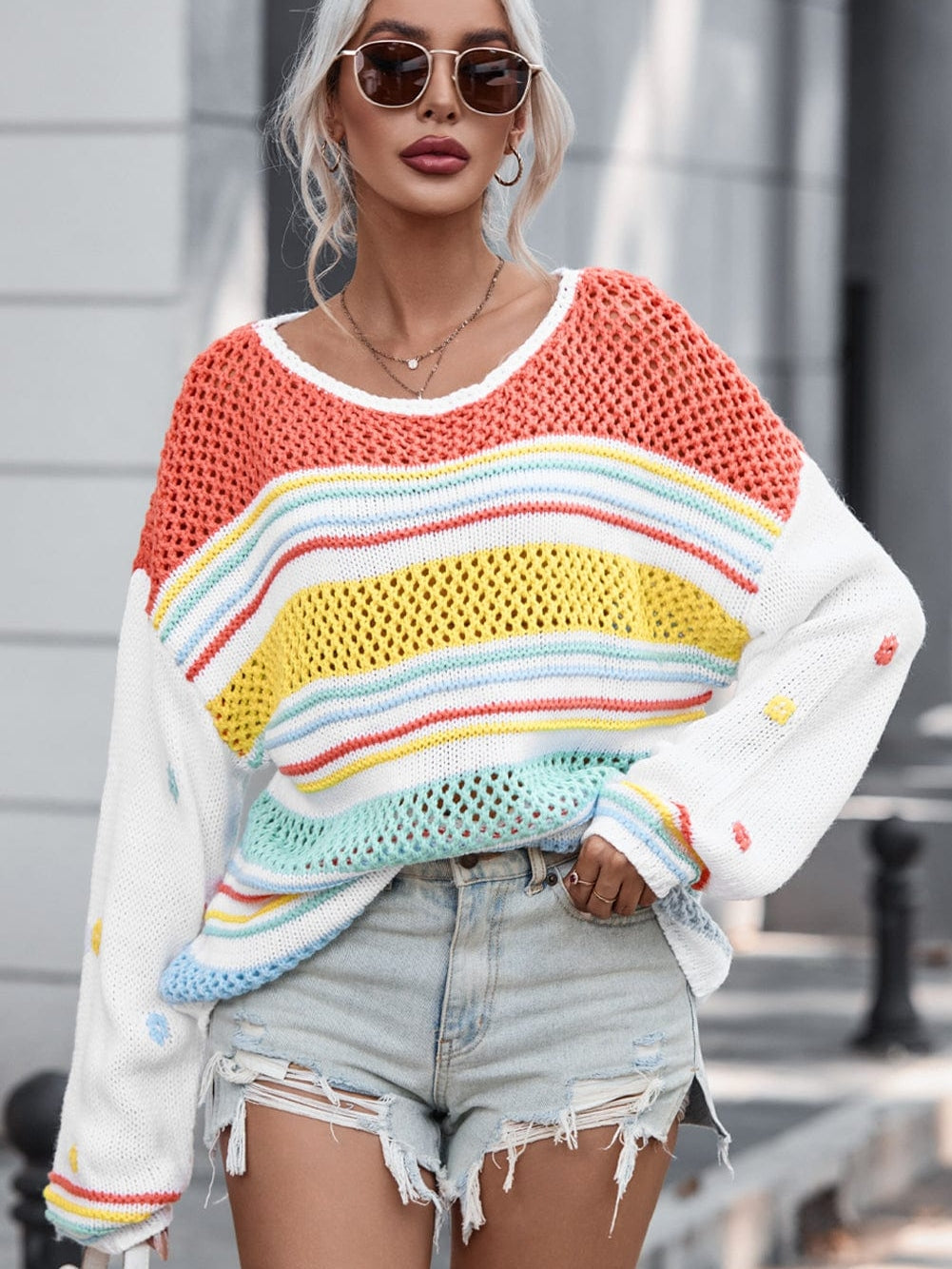 Chic Multicolored Striped Knit Sweater with Hollow Contrast Sleeves