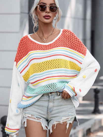 Chic Multicolored Striped Knit Sweater with Hollow Contrast Sleeves