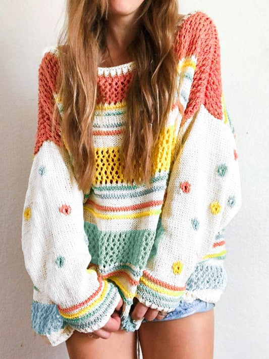 Chic Multicolored Striped Knit Sweater with Hollow Contrast Sleeves