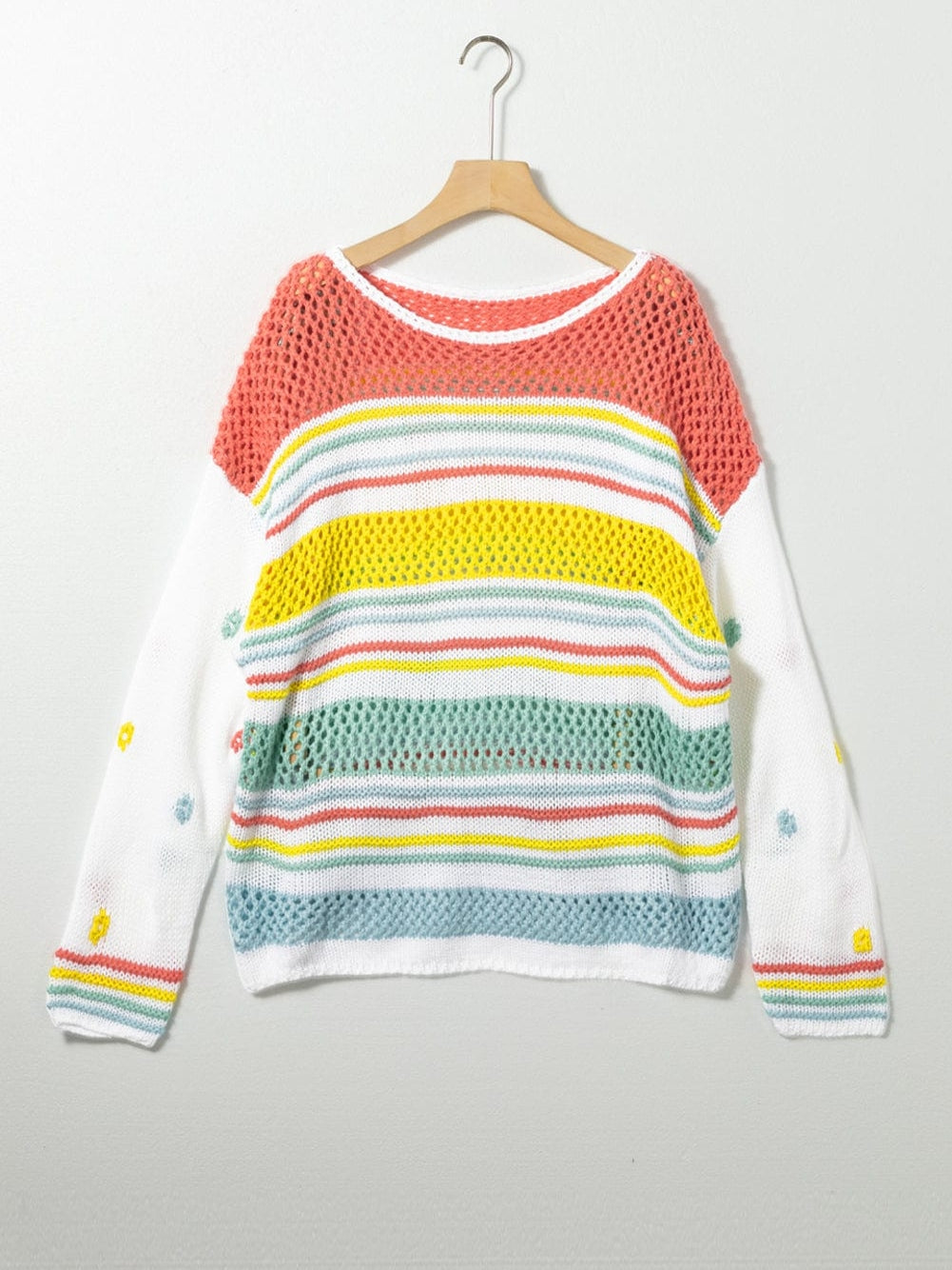 Chic Multicolored Striped Knit Sweater with Hollow Contrast Sleeves