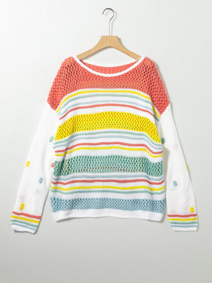 Chic Multicolored Striped Knit Sweater with Hollow Contrast Sleeves