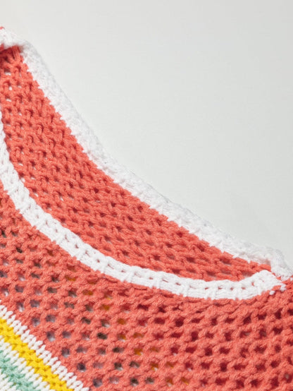 Chic Multicolored Striped Knit Sweater with Hollow Contrast Sleeves