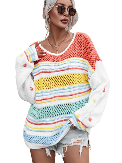 Chic Multicolored Striped Knit Sweater with Hollow Contrast Sleeves