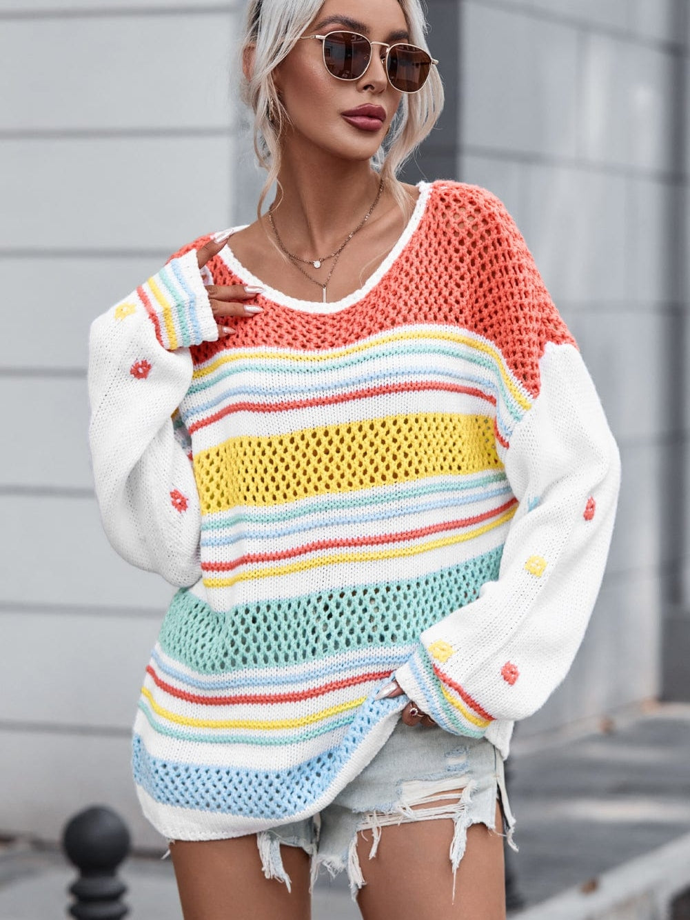 Chic Multicolored Striped Knit Sweater with Hollow Contrast Sleeves
