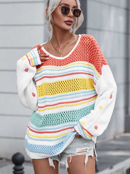 Chic Multicolored Striped Knit Sweater with Hollow Contrast Sleeves