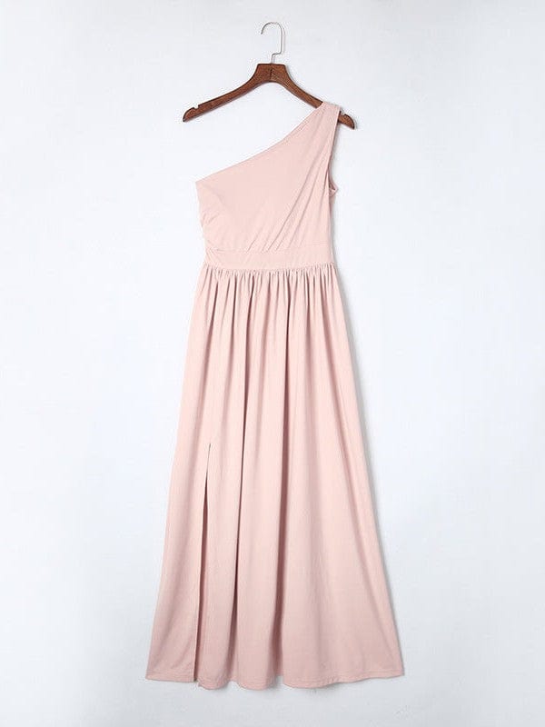 Chic One-Shoulder Sleeveless Long Dress with Slit - Apricot